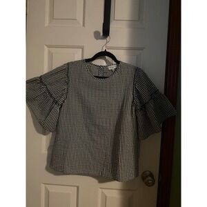 Waverly Grey Gingham Seersucker Ruffle Tiered Sleeve Top Black White Small